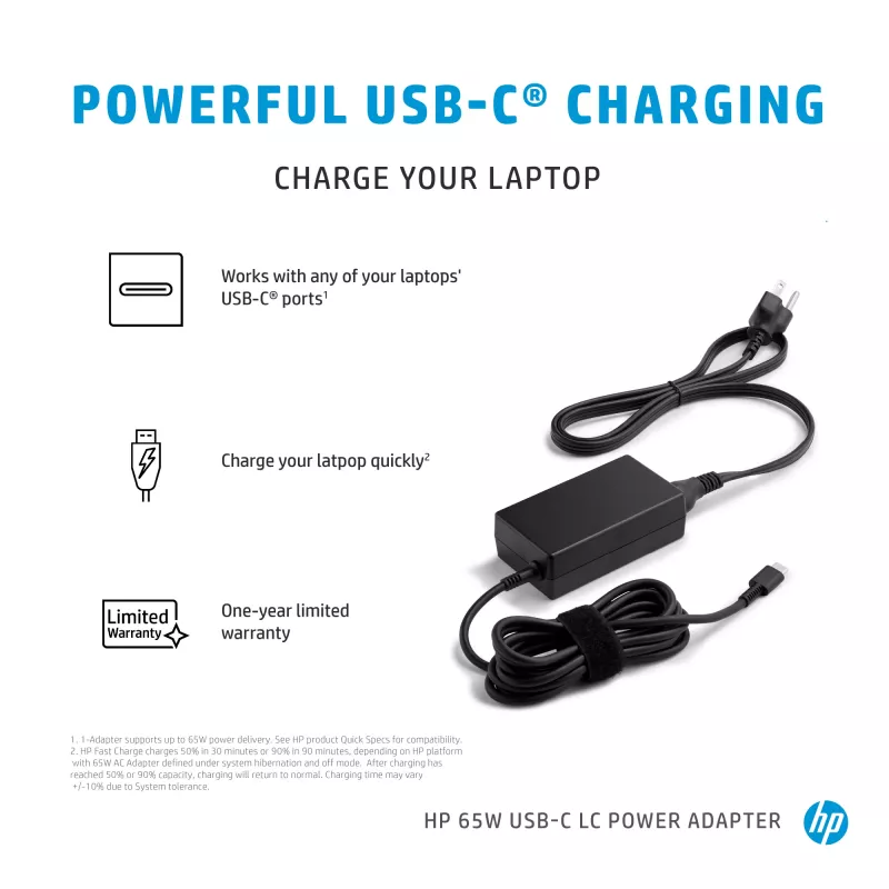 HP 65W USB-C LC maitinimo adapteris nešiojamam kompiuteriui skirtas naudoti patalpose 65W juodas