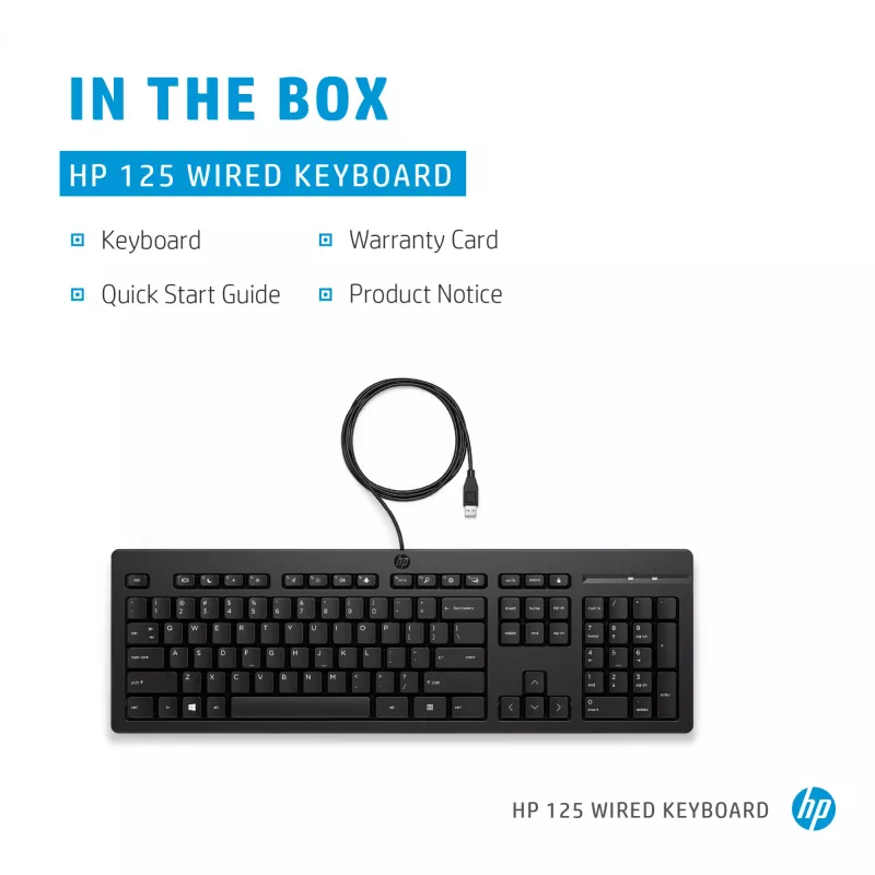 Laidinė klaviatūra HP 125 — pilno dydžio (100 %), USB, membraninė, juoda