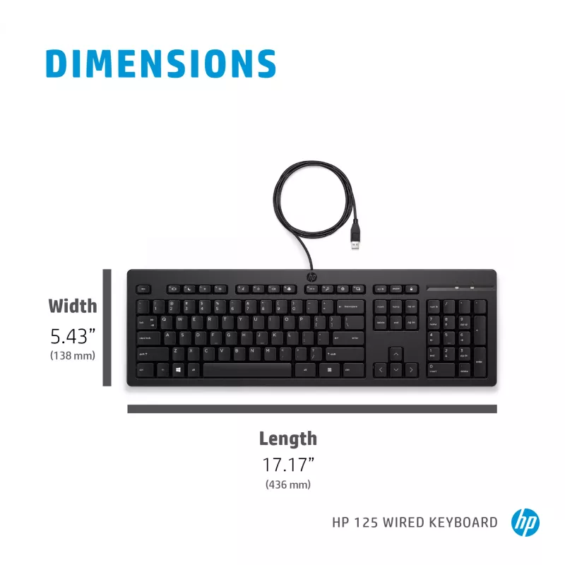 Laidinė klaviatūra HP 125 — pilno dydžio (100 %), USB, membraninė, juoda