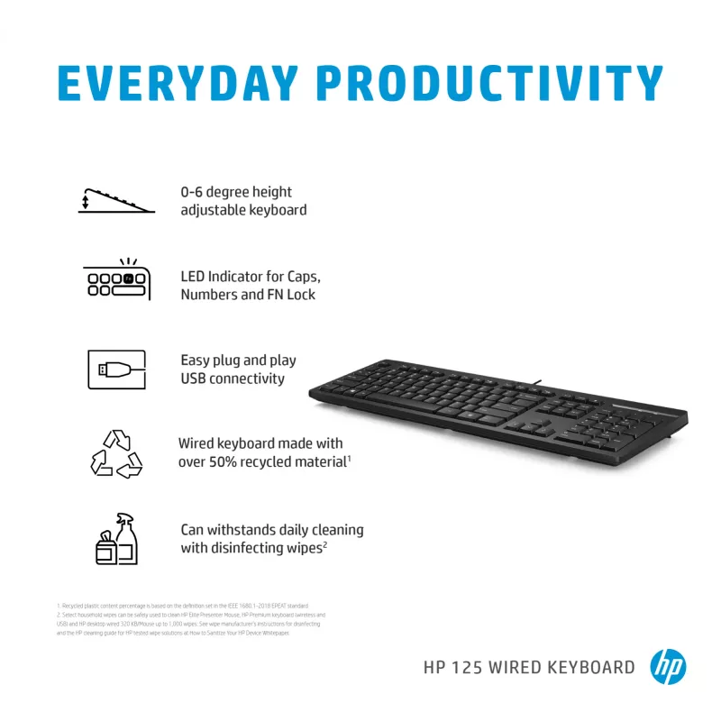 Laidinė klaviatūra HP 125 — pilno dydžio (100 %), USB, membraninė, juoda