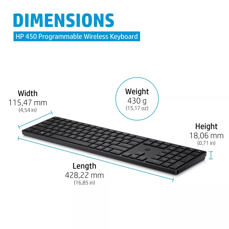 HP 450 programuojama belaidė klaviatūra, pilno dydžio, RF belaidė, USB, juoda