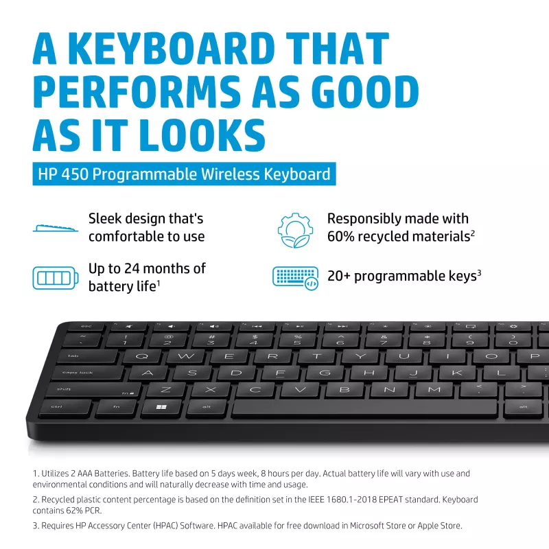 HP 450 programuojama belaidė klaviatūra, pilno dydžio, RF belaidė, USB, juoda