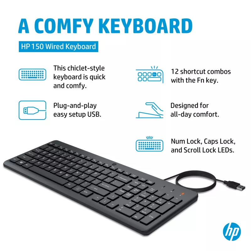 HP 150 Laidinė klaviatūra Pilno dydžio USB Juoda 664R5AA#ABD