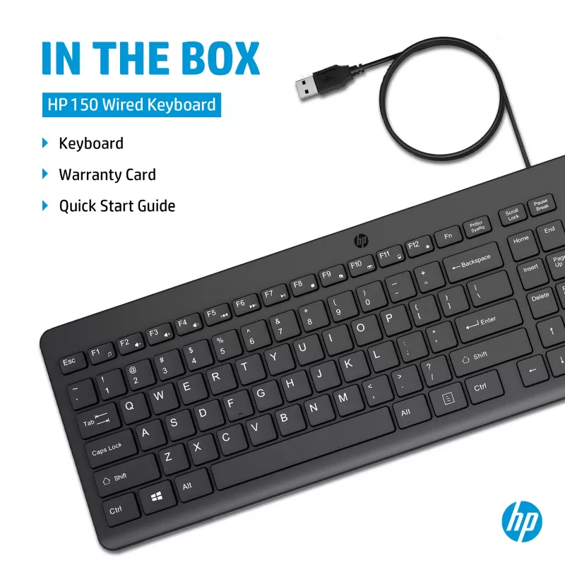 HP 150 Laidinė klaviatūra Pilno dydžio USB Juoda 664R5AA#ABD