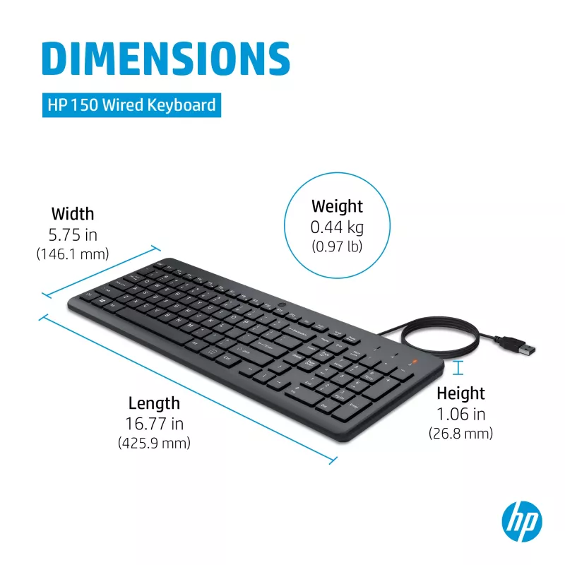 HP 150 Laidinė klaviatūra Pilno dydžio USB Juoda 664R5AA#ABD