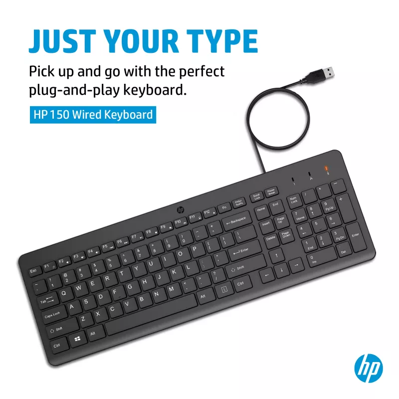 HP 150 Laidinė klaviatūra Pilno dydžio USB Juoda 664R5AA#ABD