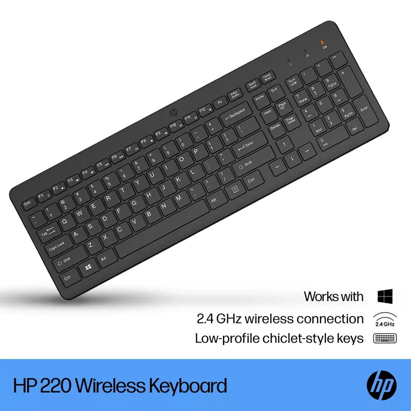 HP 220 belaidė klaviatūra, viso dydžio, juoda, membraninė, skirta naudojimui namuose