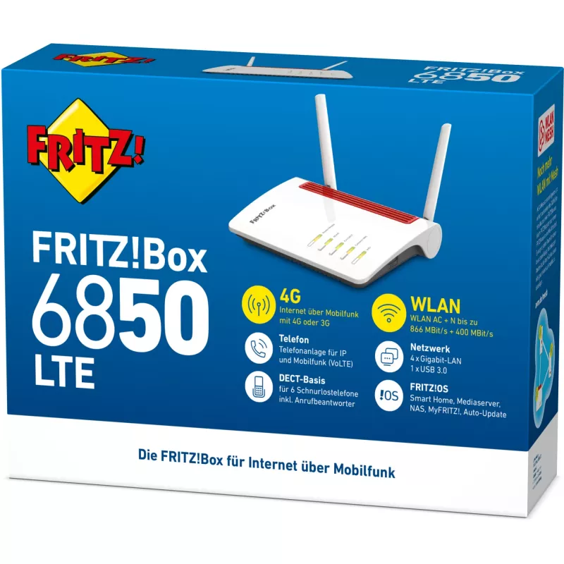 Maršrutizatorius FRITZ!Box 6850 LTE, belaidis, Gigabit Ethernet, dviejų juostų (2,4 GHz / 5 GHz), 4G, baltas