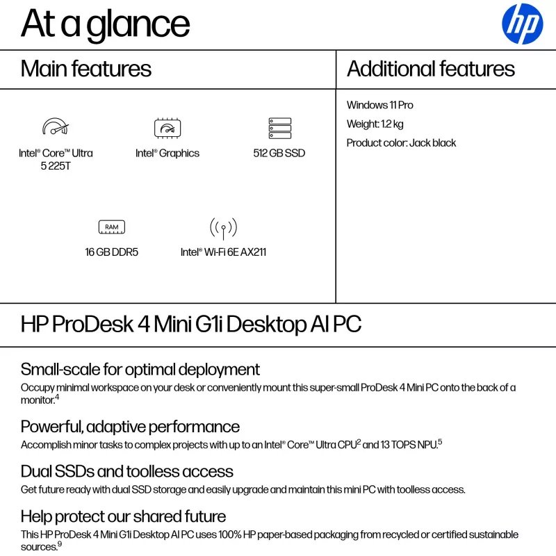 Kompiuteris HP ProDesk 4 G1i AI Mini Core Ultra 5 225T RAM 16GB SSD 512GB Intel Graphics OS Win 11 Pro