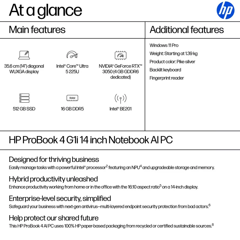 Nešiojamasis kompiuteris HP ProBook 4 G1i AI PC 14 colių Intel Core Ultra 5 16 GB 512 GB Intel Graphics Windows 11 Pro