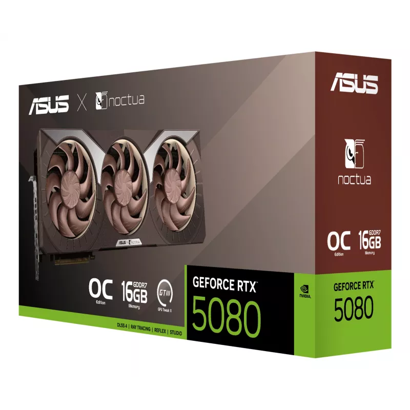Vaizdo plokštė ASUS GeForce RTX 5080 16 GB GDDR7, PCIe 5.0, 256-bit, 385×80×151 mm, 3 ventiliatoriai, 16 kontaktų maitinimas