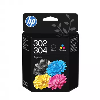 HP 302/304 Tri-color/Juodos spalvos rašalo kasetės rinkinys 2 vnt., juoda, žalsvai mėlyna, purpurinė, geltona, pigmentinis rašalas, dažų pagrindo rašalas, 2 vnt., 120 puslapių