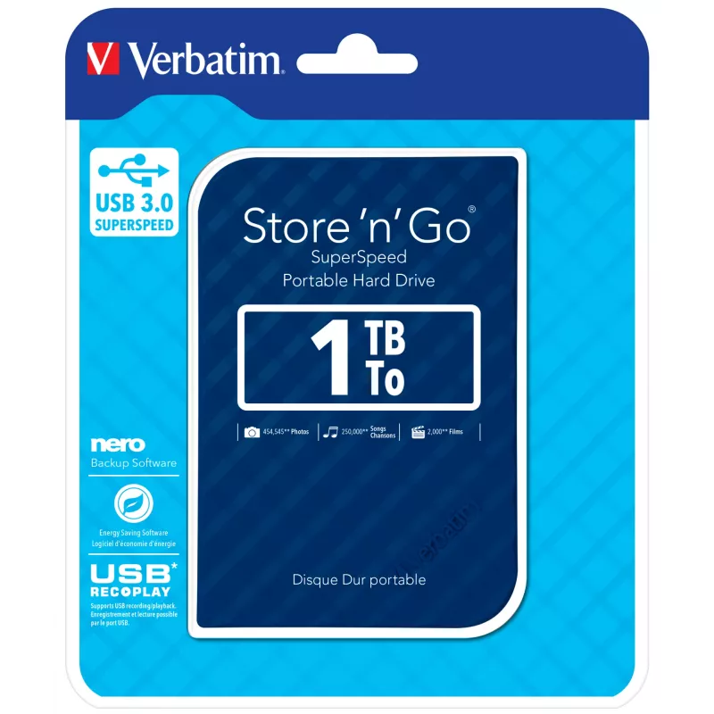 Verbatim Store 'n' Go USB 3.0 kietasis diskas 1 TB mėlynas, 1 TB, 2,5 colio, 3.2 Gen 1 (3.1 Gen 1), 5400 RPM, mėlynas