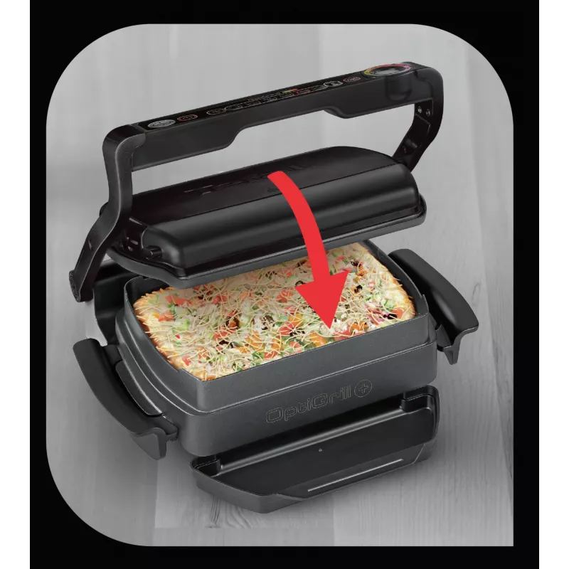 Kontaktinė kepsninė Tefal GC7148 — 2000 W, nerūdijančio plieno korpusas, stačiakampė, reguliuojamas termostatas, grotelių viršutinis paviršius, 365×365×175 mm