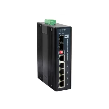 LevelOne 6 prievadų gigabitinio pramoninio komutatoriaus, 1 x SFP, 1 x SFP/RJ45 Combo, -40°C iki 75°C, DIN bėgelio