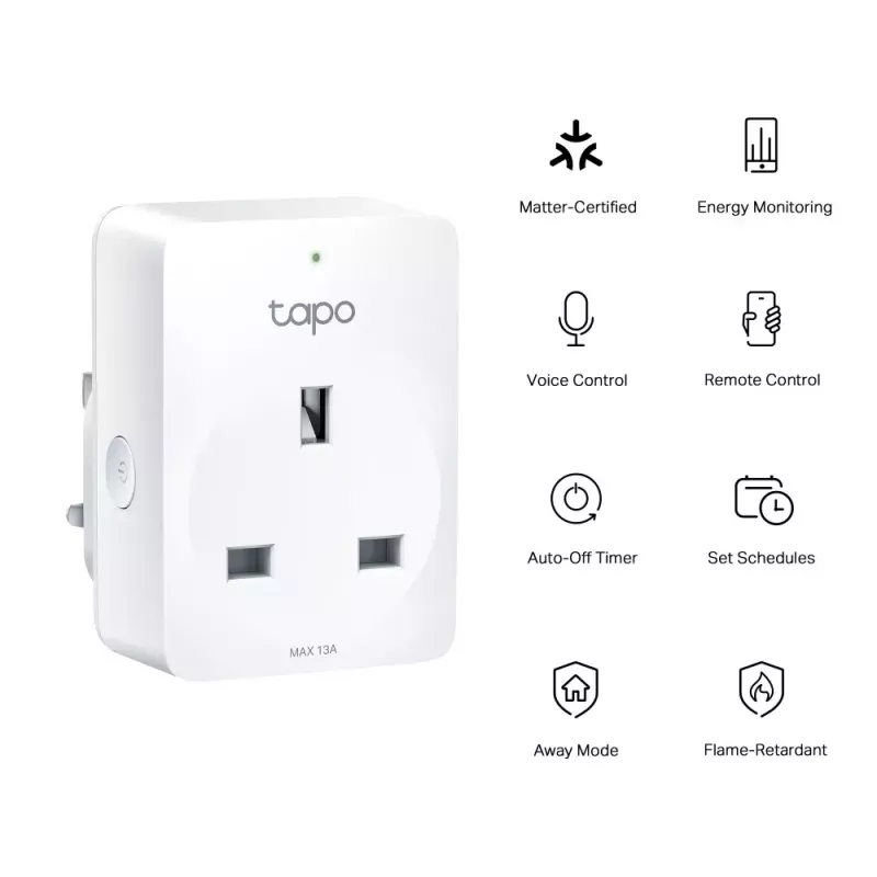 Išmanusis kištukas TP‑Link Tapo Mini P110M — „Wi‑Fi“/„Bluetooth“ išmanusis vidaus lizdas, 16 A, 100–240 V, 3680 W, baltas