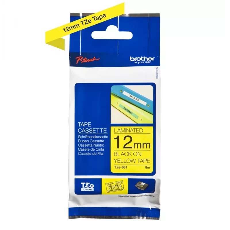 Lipdukų juosta Brother TZe-631 (TZe) 12 mm x 8 m, juoda ant geltonos
