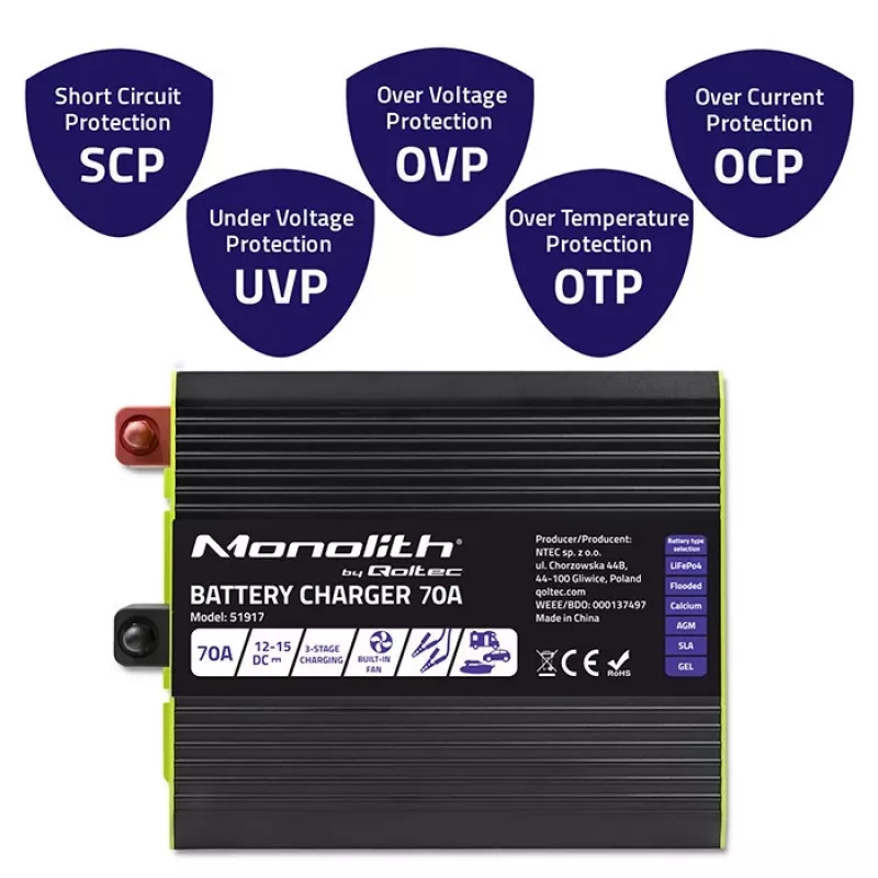 Baterijų įkroviklis QOLTEC 51917 LiFePO4/AGM/GEL/SLA baterijoms, 70 A išėjimas