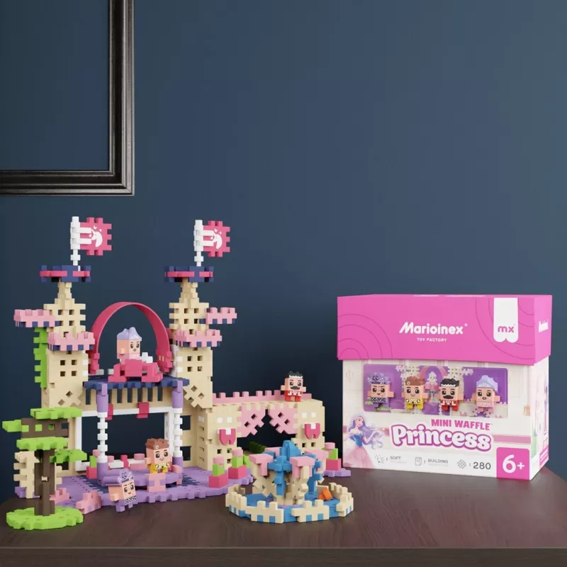 Žaislinis konstruktorius Marioinex Waffle Mini Blocks Princess — 280 dalių, įvairių spalvų, dėžė, amžius nuo 6 metų