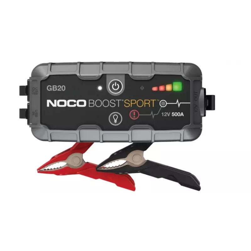 NOCO GB20 500A Li-Ion paleidimo stiprintuvas, 24Wh, IP65, 1x USB 5V/2.1A, įmontuotas žibintuvėlis, benzininiams varikliams iki 4L