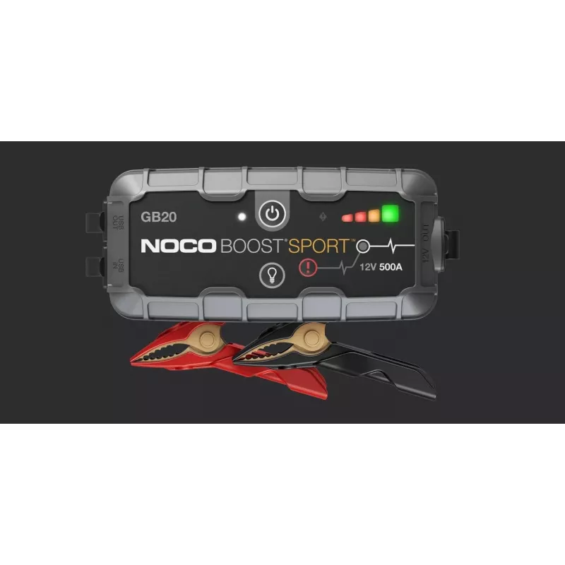 NOCO GB20 500A Li-Ion paleidimo stiprintuvas, 24Wh, IP65, 1x USB 5V/2.1A, įmontuotas žibintuvėlis, benzininiams varikliams iki 4L