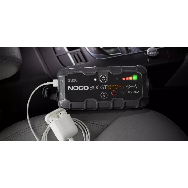 NOCO GB20 500A Li-Ion paleidimo stiprintuvas, 24Wh, IP65, 1x USB 5V/2.1A, įmontuotas žibintuvėlis, benzininiams varikliams iki 4L