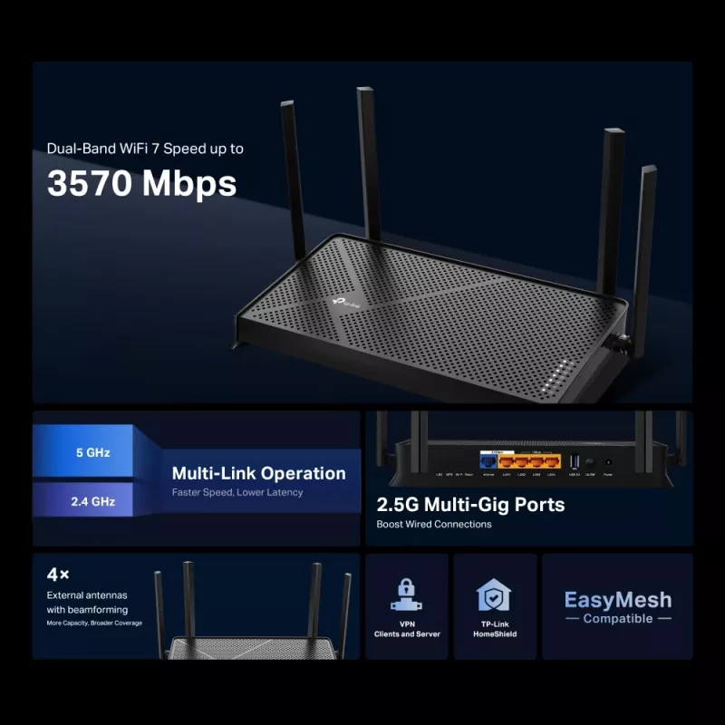 TP-Link Archer BE3600 belaidis maršrutizatorius, 2,5 Gigabit Ethernet, dviejų dažnių (2,4 GHz / 5 GHz), juodas