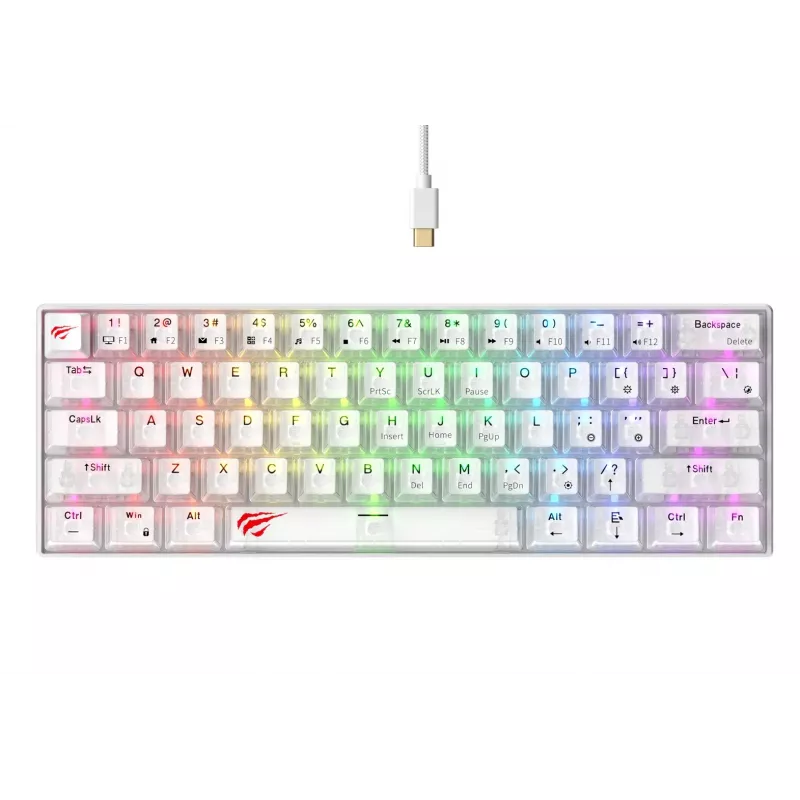 Havit KB903L žaidimų klaviatūra permatoma balta RGB LED laidinė USB 61 klavišai