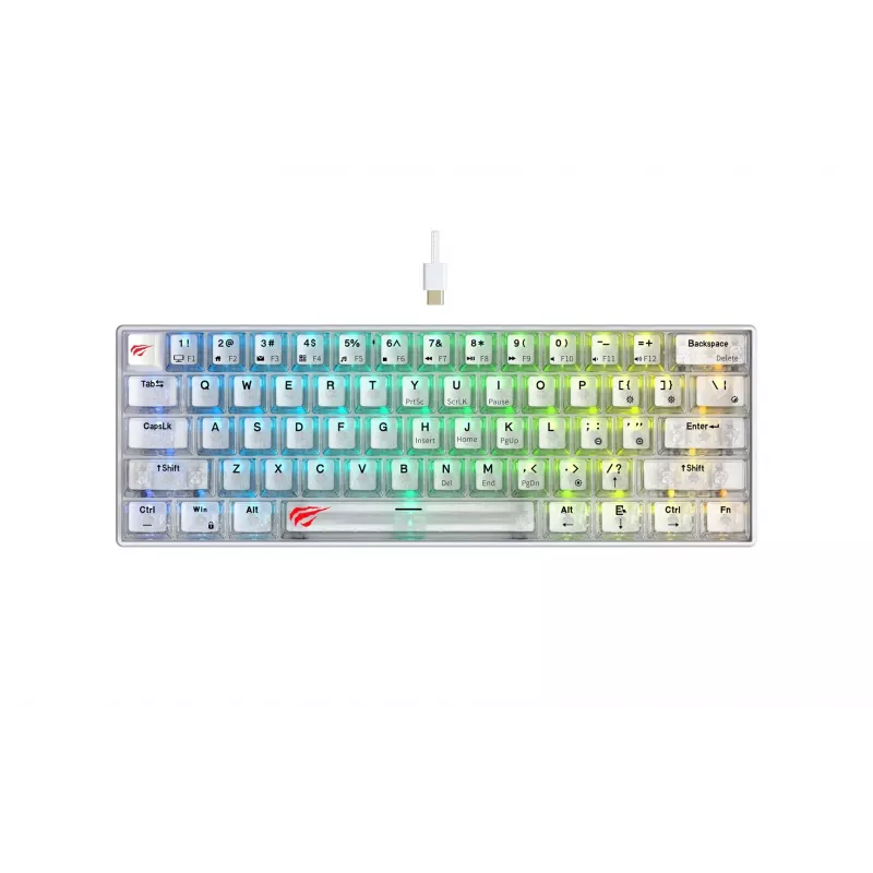 Havit KB903L žaidimų klaviatūra permatoma balta RGB LED laidinė USB 61 klavišai