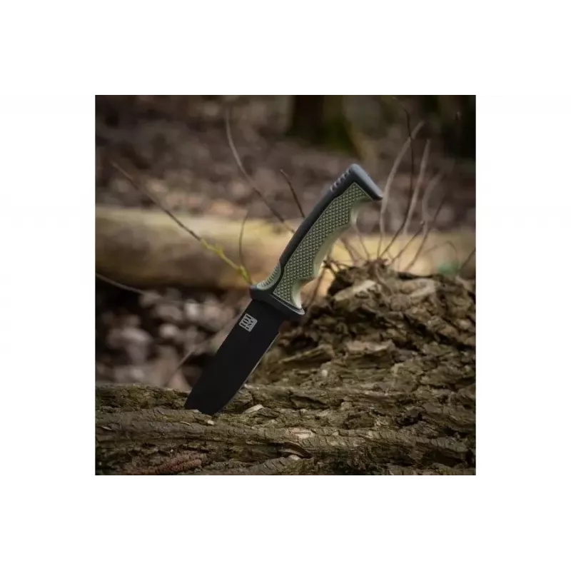Daugiafunkcis peilis 101 INC Bushawk 9244 — nerūdijančio plieno 3Cr13 110 mm geležtė, žalia plastikinė rankena, neslystanti, su makštimi