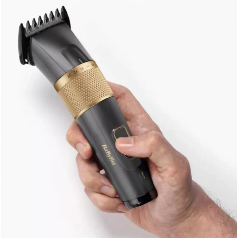 Plaukų kirpimo mašinėlė BaByliss E987E Gold Granite — įkraunama Li-Ion, 8 ilgio pakopos, 0,6 mm–28 mm, atspari vandeniui