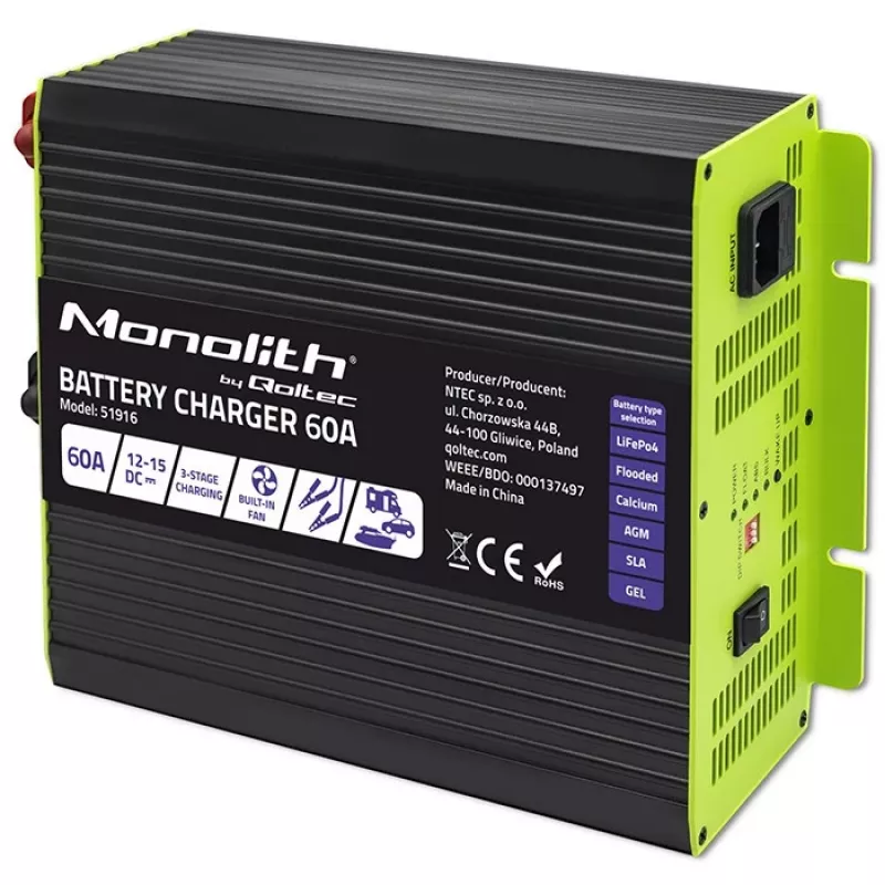 Akumuliatorių įkroviklis QOLTEC 51916 60A 12V LiFePO4, AGM, GEL, SLA akumuliatoriams