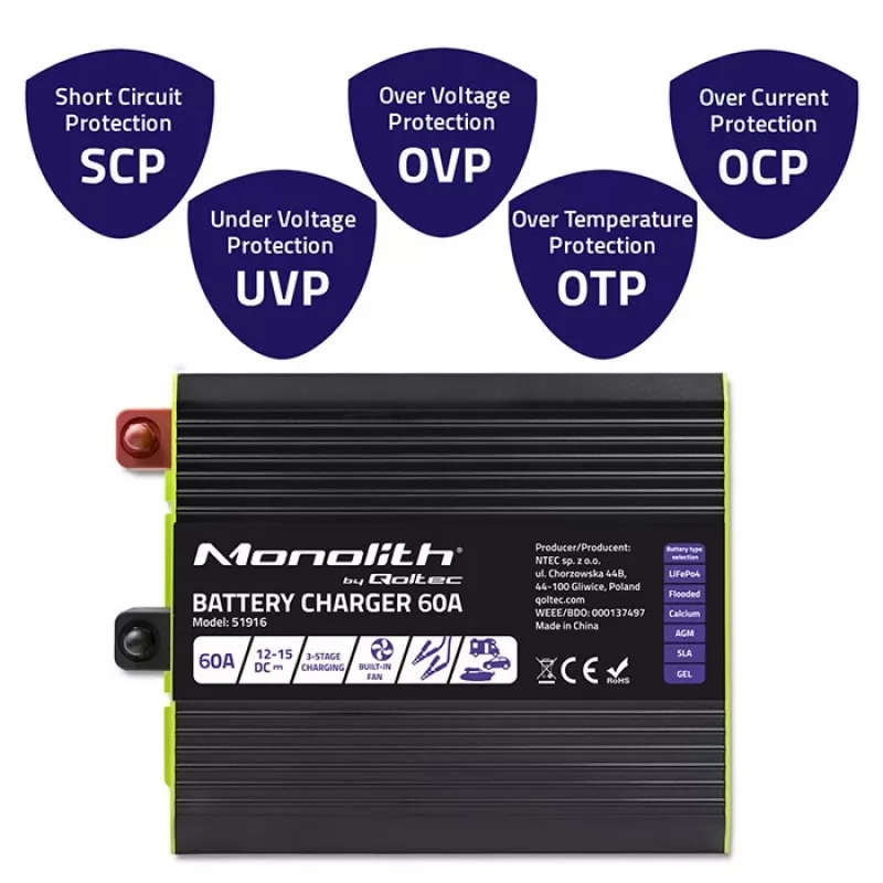 Akumuliatorių įkroviklis QOLTEC 51916 60A 12V LiFePO4, AGM, GEL, SLA akumuliatoriams