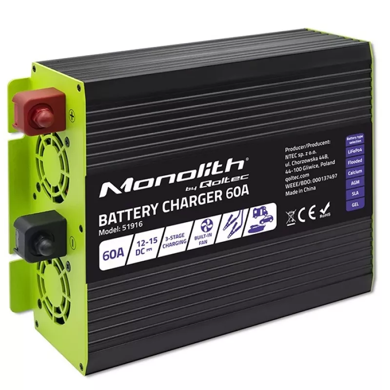 Akumuliatorių įkroviklis QOLTEC 51916 60A 12V LiFePO4, AGM, GEL, SLA akumuliatoriams
