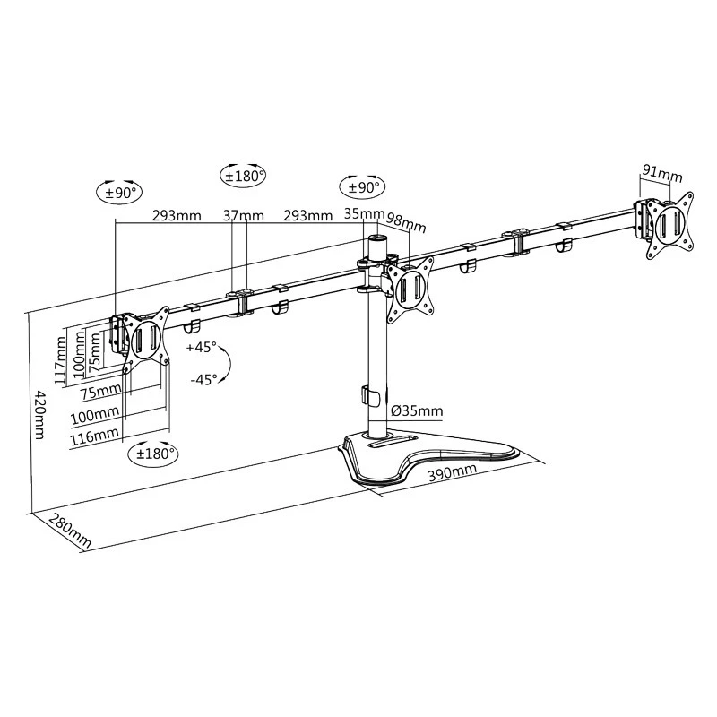 LOGILINK BP0174 Trigubas monitoriaus laikiklis 17-27 colių, kiekvienos rankos ilgis 658 mm, su išmaniojo telefono laikikliu, aliuminis