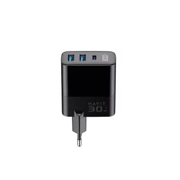Pakrovėjas HAVIT UCLE001 EU GaN trijų prievadų 30 W juodas — kompaktiškas USB pakrovėjas su 3 prievadais