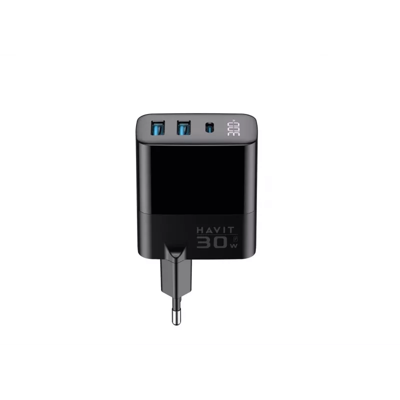 Pakrovėjas HAVIT UCLE001 EU GaN trijų prievadų 30 W juodas — kompaktiškas USB pakrovėjas su 3 prievadais