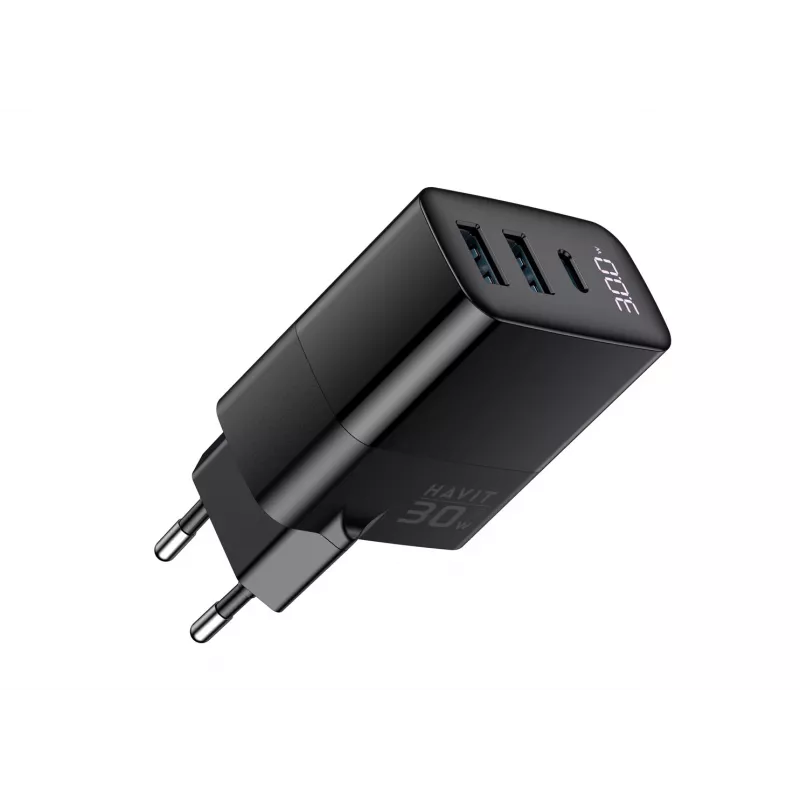Pakrovėjas HAVIT UCLE001 EU GaN trijų prievadų 30 W juodas — kompaktiškas USB pakrovėjas su 3 prievadais