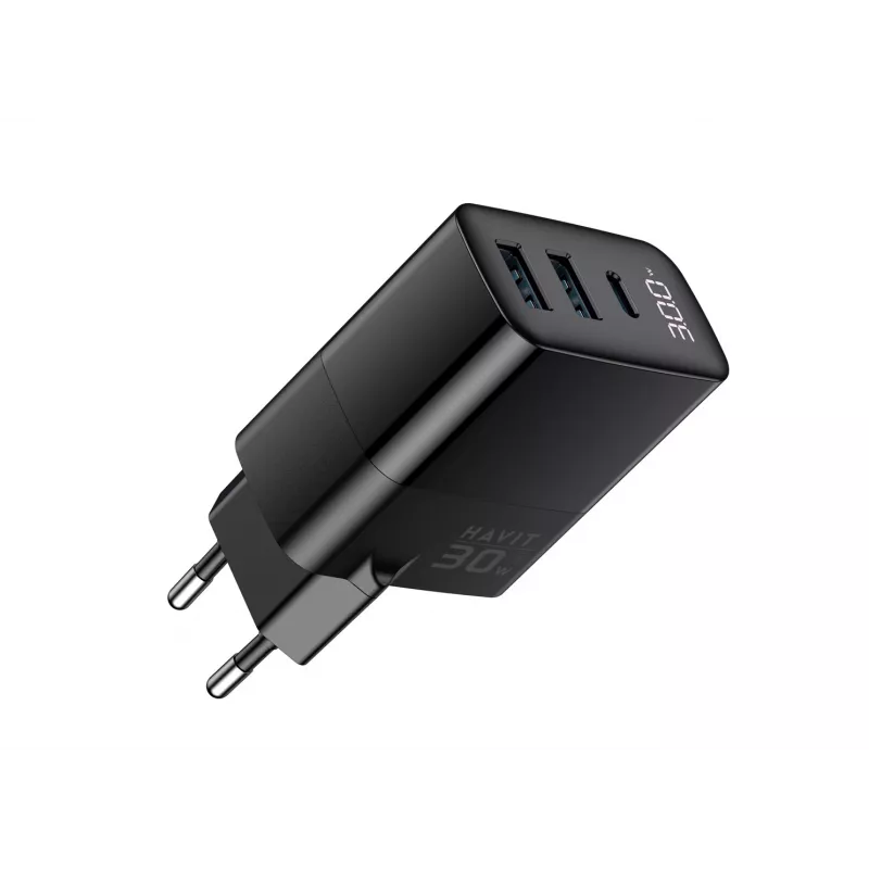 Pakrovėjas HAVIT UCLE001 EU GaN trijų prievadų 30 W juodas — kompaktiškas USB pakrovėjas su 3 prievadais
