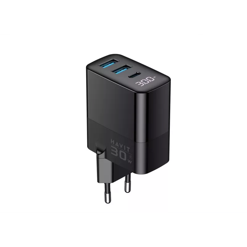 Pakrovėjas HAVIT UCLE001 EU GaN trijų prievadų 30 W juodas — kompaktiškas USB pakrovėjas su 3 prievadais