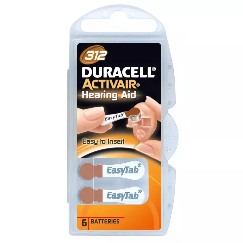 Mygtukinės celės Duracell A312 cinko-oro, pakuotėje 6, skirtos klausos aparatams ir mažiems garso prietaisams