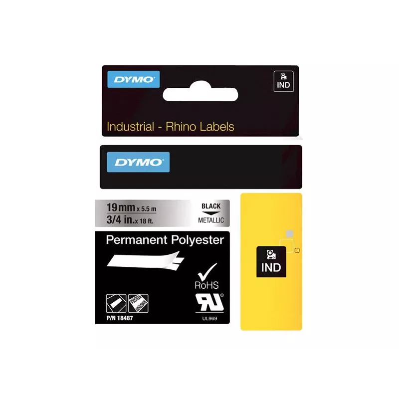DYMO 19 mm RHINO nuolatinis poliesteris – juoda ant pilko – poliesteris – D1 – Belgija – dėžutė (S0718200)