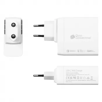 Good Connections GC USB greitasis įkroviklis 140W GaN technologija, 2x USB-C, PD 3.1, QC 5.0, PPS baltas - • USB greitasis įkroviklis 140W • išmaniesiems telefonams