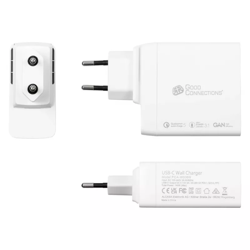 Good Connections GC USB greitasis įkroviklis 140W GaN technologija, 2x USB-C, PD 3.1, QC 5.0, PPS baltas - • USB greitasis įkroviklis 140W • išmaniesiems telefonams