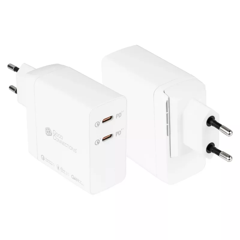 Good Connections GC USB greitasis įkroviklis 140W GaN technologija, 2x USB-C, PD 3.1, QC 5.0, PPS baltas - • USB greitasis įkroviklis 140W • išmaniesiems telefonams
