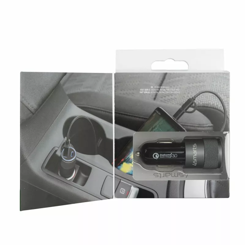 4smarts Rapid+ - Automobilinis maitinimo šaltinis - 27 vatų - 3 A - QC 3.0, PD - 2 išvesties prievadai (USB, 24 kontaktų USB-C)