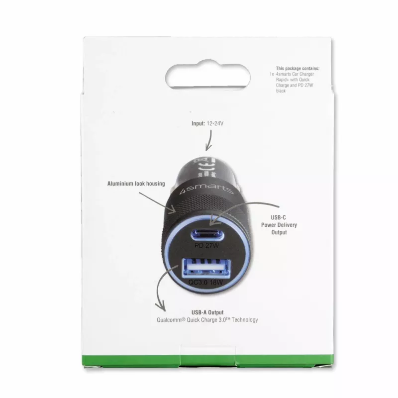 4smarts Rapid+ - Automobilinis maitinimo šaltinis - 27 vatų - 3 A - QC 3.0, PD - 2 išvesties prievadai (USB, 24 kontaktų USB-C)