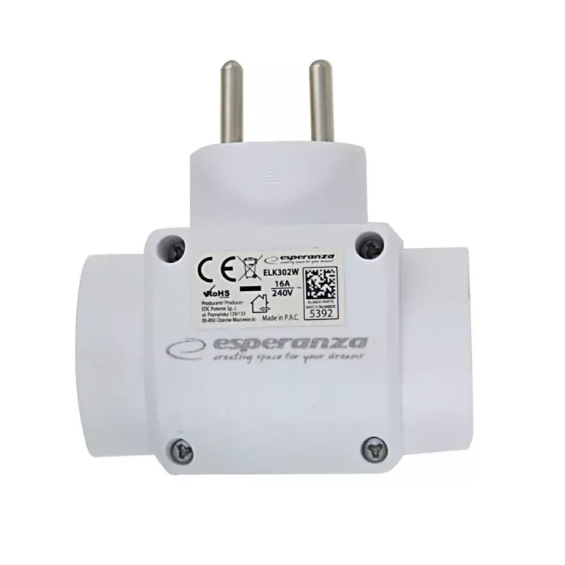 Maitinimo skirstytuvas ESPERANZA ELK302W — 3 lizdų vidaus tipo E, 16 A, 220–240 V, 3680 W, baltas