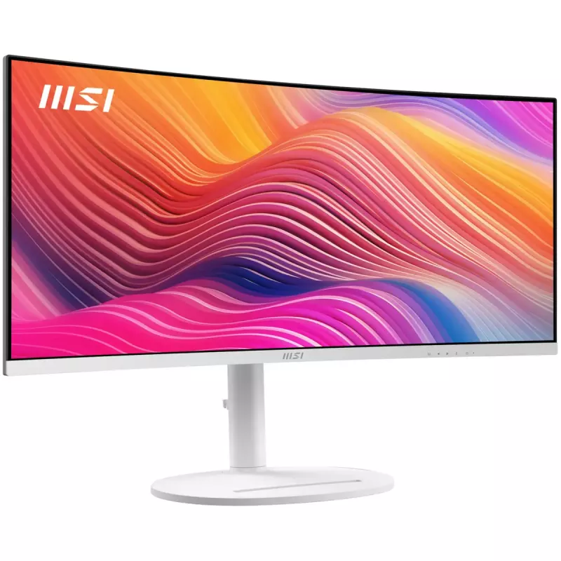 34 colių MSI Modern MD342CQPWDE lenktas VA LCD monitorius 3440×1440 UWQHD 21:9, 4 ms, 300 cd/m², USB šakotuvas, garsiakalbiai, VESA, reguliuojamas aukštis — Baltas