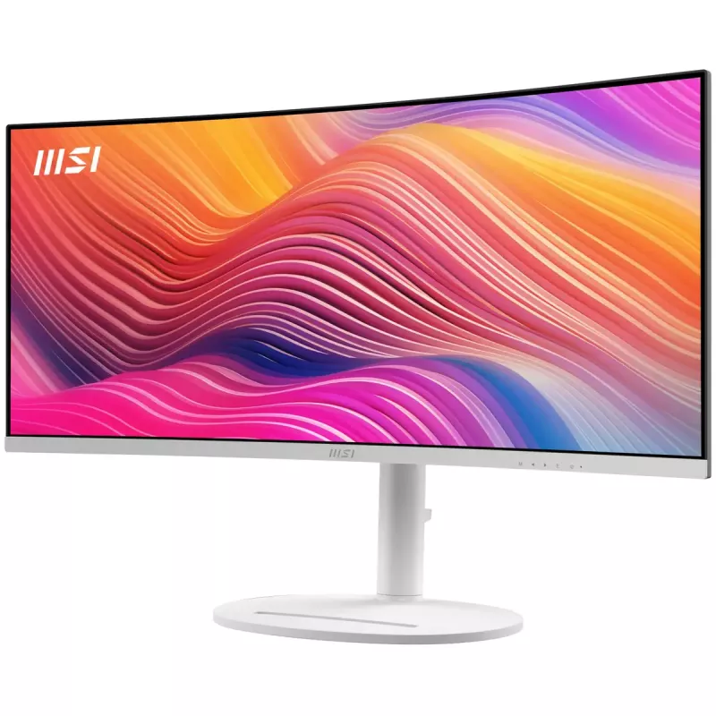 34 colių MSI Modern MD342CQPWDE lenktas VA LCD monitorius 3440×1440 UWQHD 21:9, 4 ms, 300 cd/m², USB šakotuvas, garsiakalbiai, VESA, reguliuojamas aukštis — Baltas